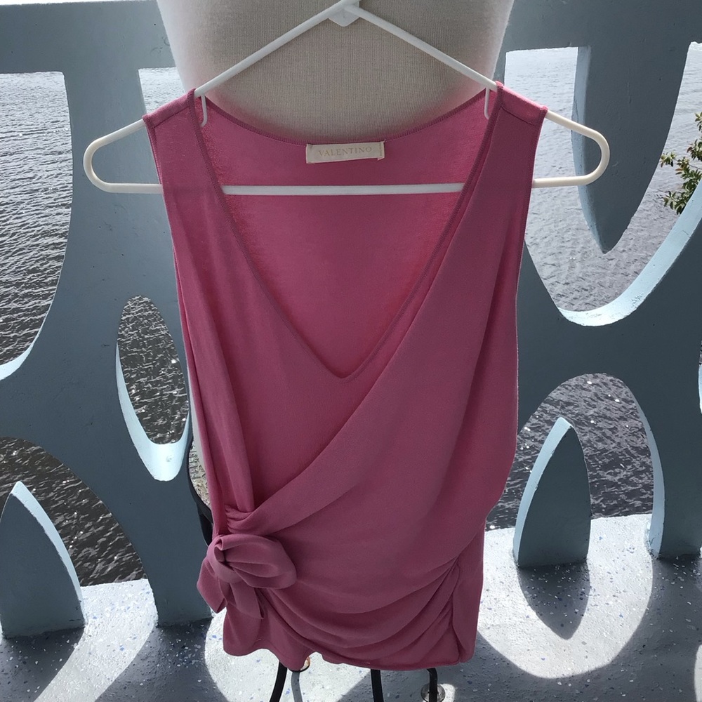 Valentino Sleeveless Sweet Pink Deep Plunge V-Neck Top with Bow Accent
